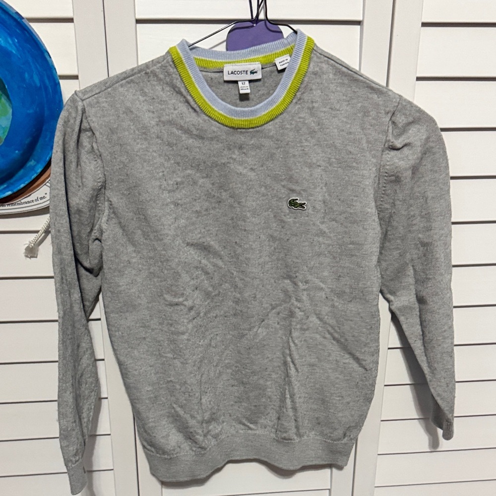 Lacoste Men's Gray Crewneck Sweater with Green Trim